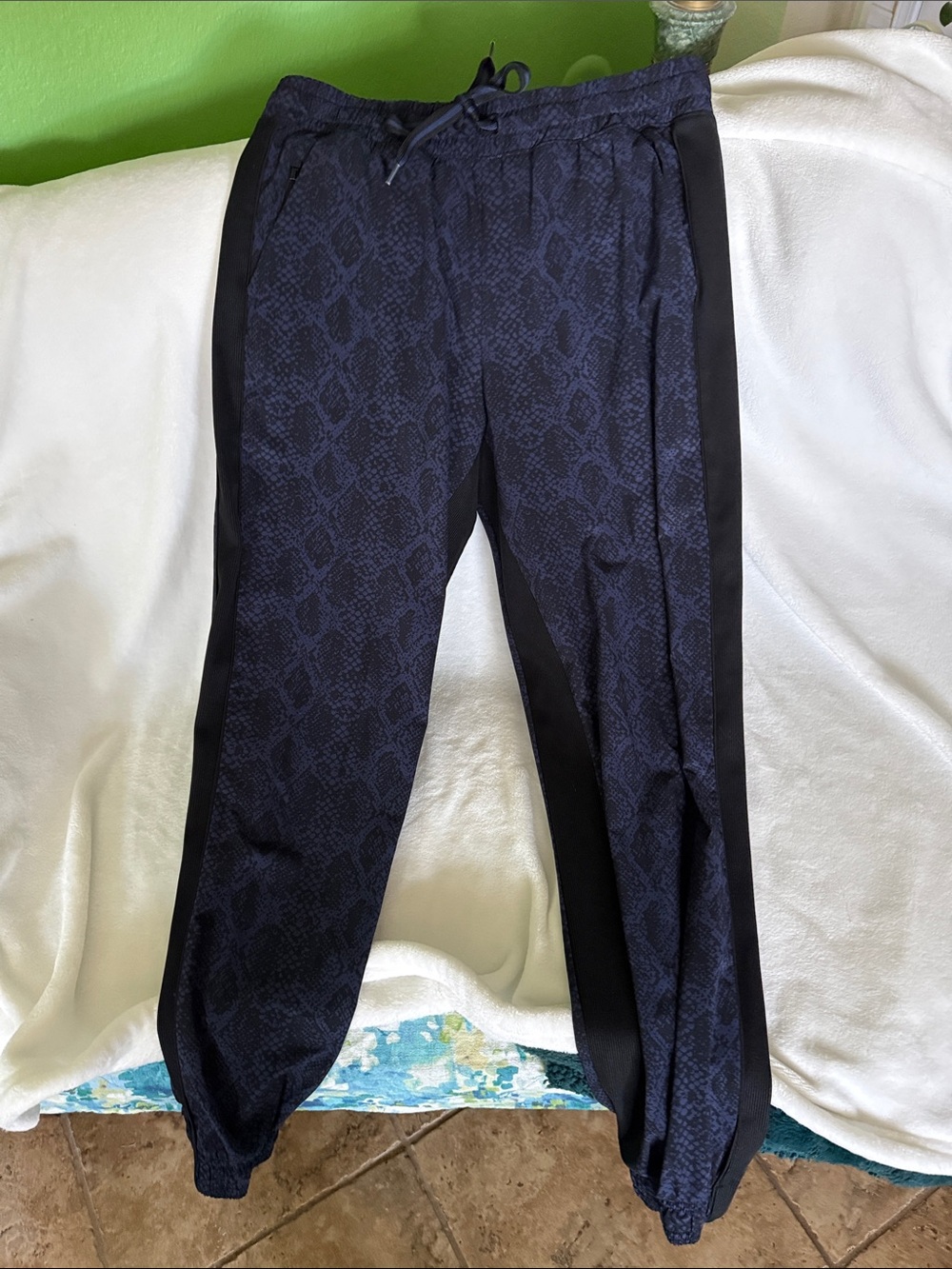 Athleta Navy Snake-Print Track Joggers with Black Side Panels